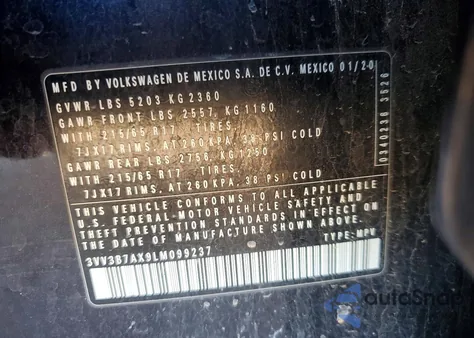 2020 Volkswagen Tiguan Se z USA, uszkodzony, nr VIN 3VV3B7AX9LM099237